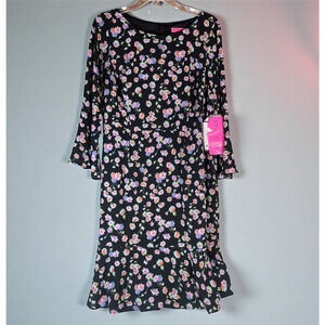 NWT Betsey Johnson Black Floral Midi Dress Womens Plus Sz 14W Ruffle Hem Sleeve